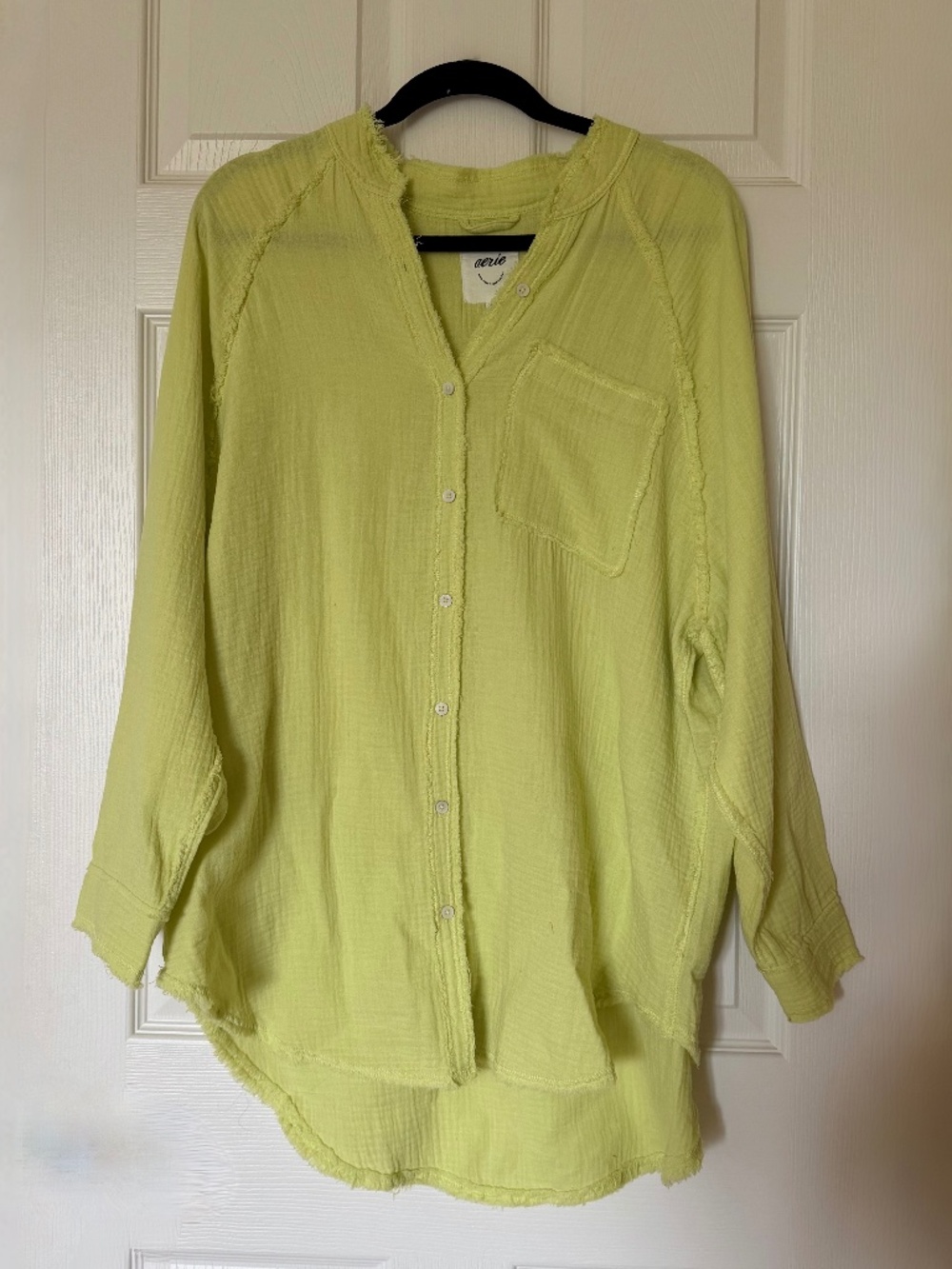 AERIE Neon Green Long-Sleeve Linen Gauze Blend Shirt - Size S - NWT
